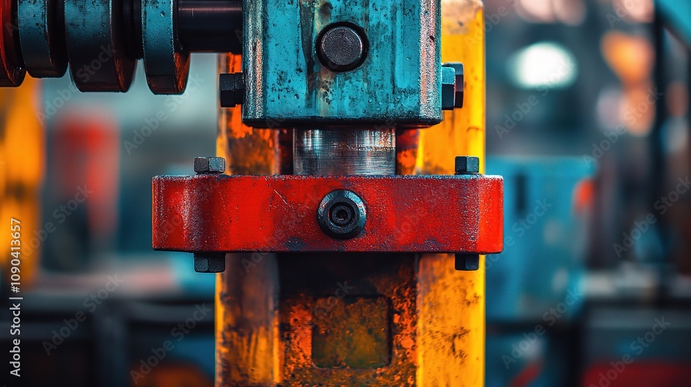 Poster close-up view of industrial machinery component with vibrant colors and textures, highlighting mecha