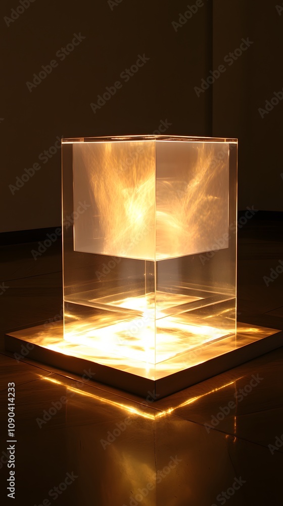 Poster 2. a transparent acrylic podium illuminated from beneath, creating a clean and open space for showca