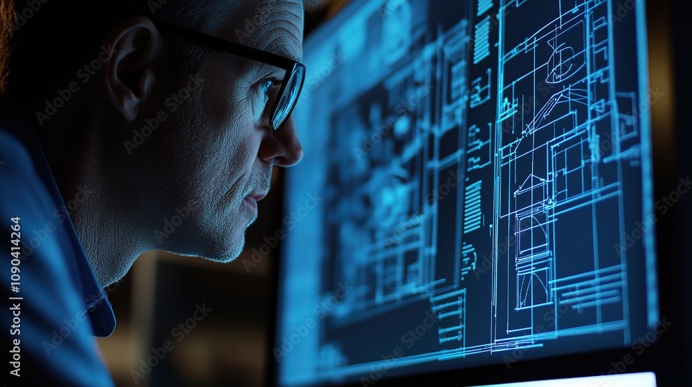 Poster professional architect analyzing digital blueprints on high-tech monitor in modern office setting