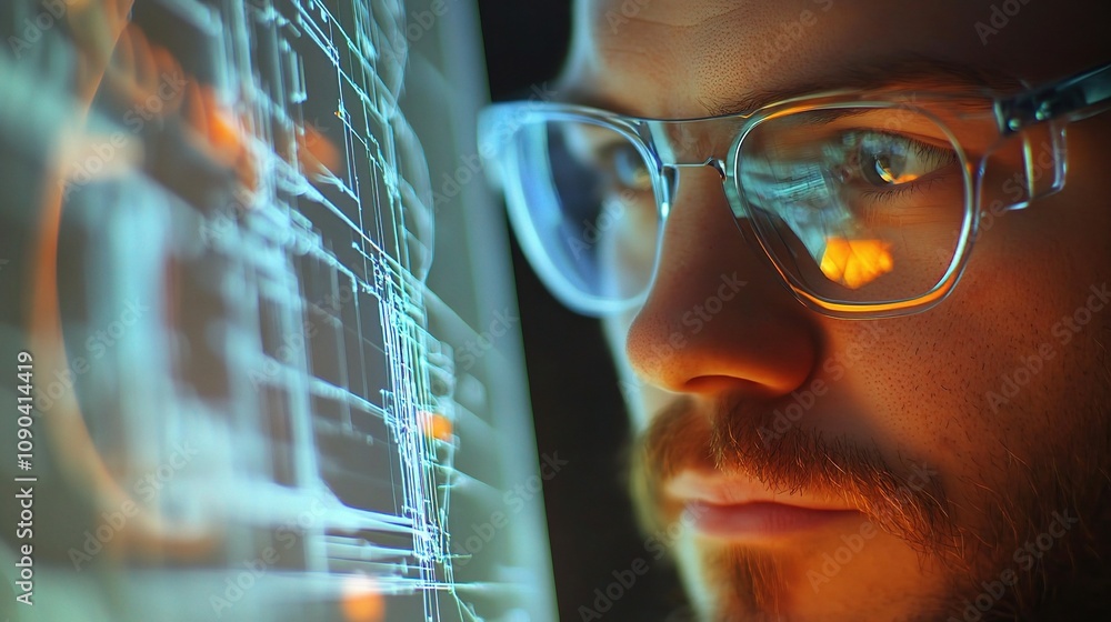 Poster focused male programmer analyzing data projections on a transparent screen in a modern tech environm