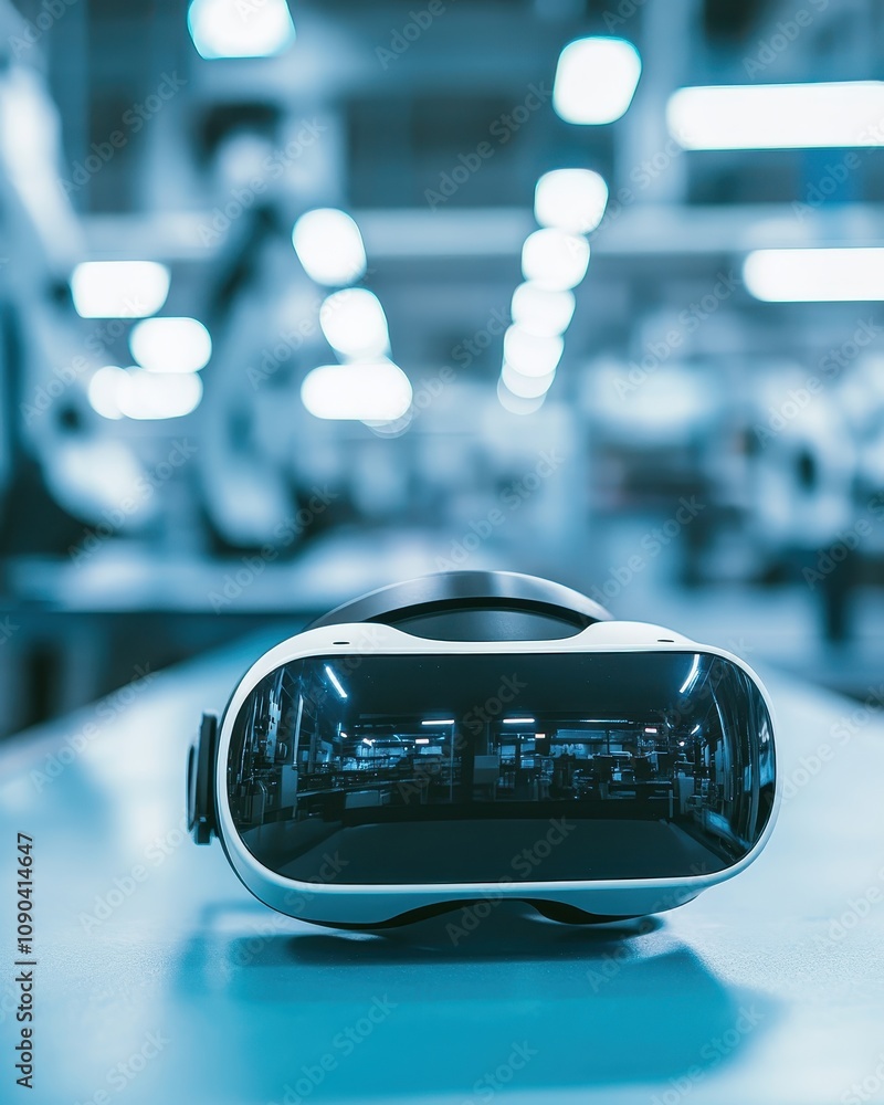 Poster a sleek virtual reality headset placed on a table in a modern, illuminated environment.