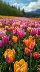 A field of flowers with a mix of pink and orange flowers