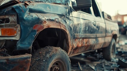 Fototapeta premium A close-up of a rusted, abandoned vehicle in a junkyard, showcasing decay and neglect.