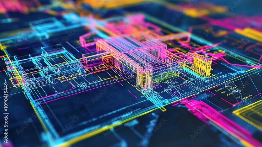 Poster colorful abstract representation of architectural blueprint with neon lights and digital effects for