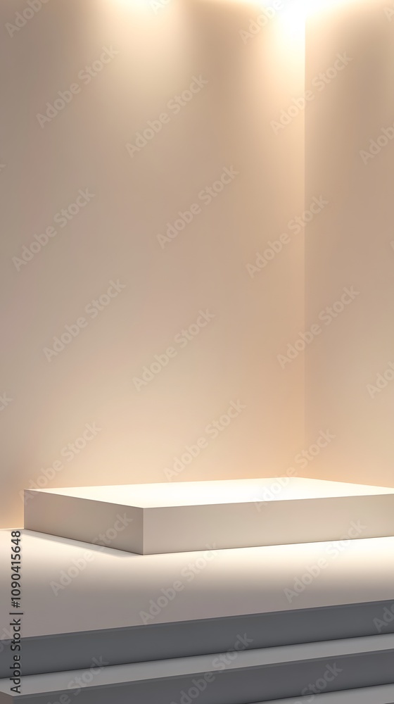 Aufkleber 6. a smooth white podium with subtle lighting from above, creating a spacious display area for a pro