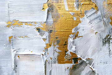 Fototapeta premium Closeup of abstract art with rough white and gold textures, oil brushstrokes, and geometry.