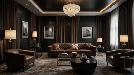 Luxurious dark living room with leather sofa, chandelier, and framed prints.