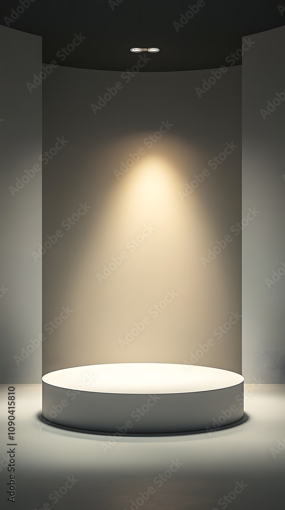 Poster 6. a smooth white podium with subtle lighting from above, creating a spacious display area for a pro