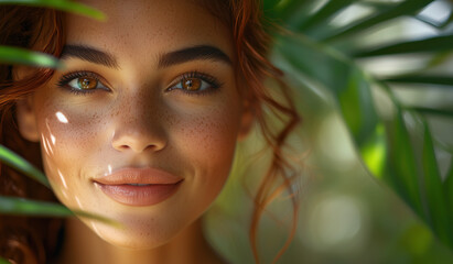 Fototapeta premium Portrait of latina woman with natural makeup, beautiful eyes and beauty salon cosmetics advertising for skin, hair and face products, leaves and exotic tropical theme background