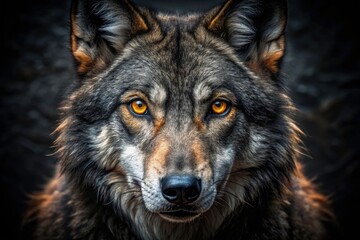 Fototapeta premium Intense Wolf Portrait with Piercing Amber Eyes in Dark Background - Surreal Photography