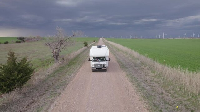 Brand New RV Motorhome on Countryside Road - Aerial Front Tracking