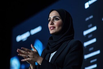 Emirati businesswoman delivering a speech at a corporate event