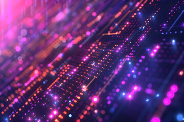 Obraz premium Dynamic neon grid with circuit paths and geometric patterns on a dark purple backdrop.