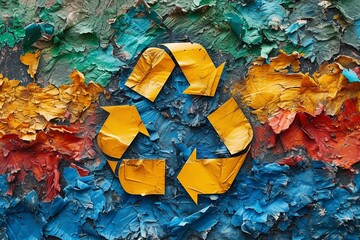 Yellow recycling symbol on it. Art is colorful and has a lot of texture