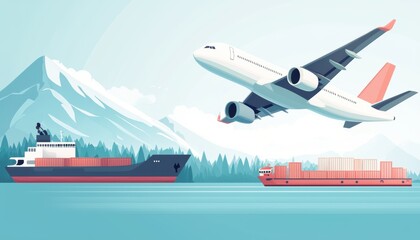 Cargo shipping and logistics operations airplane cargo ships scenic mountains graphic illustration transport industry insights