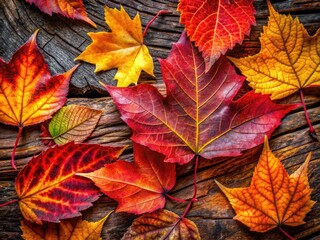 Fototapeta premium Macro Photography of Autumn Leaves and Wood: Capturing Nature's Vibrant Colors, Textures, and Patterns in the Forest Floor for Stunning Fall Imagery and Nature Photography Enthusiasts