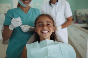 Fototapeta premium Smiling girl undergoing dental checkup with dentist and nurse
