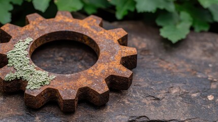 Rusty industrial gear on rock surface