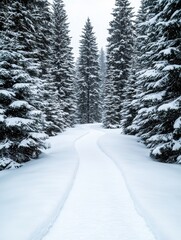 Fototapeta premium Snowy forest path in winter wonderland