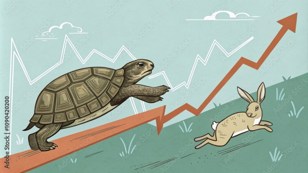 Poster tortoise and hare a tortoise representing bonds moving steadily while a hare represents stocks symbo