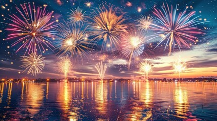 Fototapeta premium Colorful fireworks illuminate a serene lakeside at sunset.