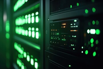 Naklejka premium A close-up of a server rack with illuminated green lights, indicating active data processing.