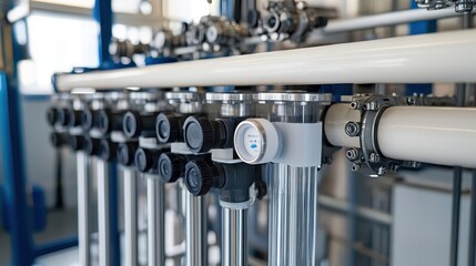 Industrial piping system with valves and sensors for fluid management.