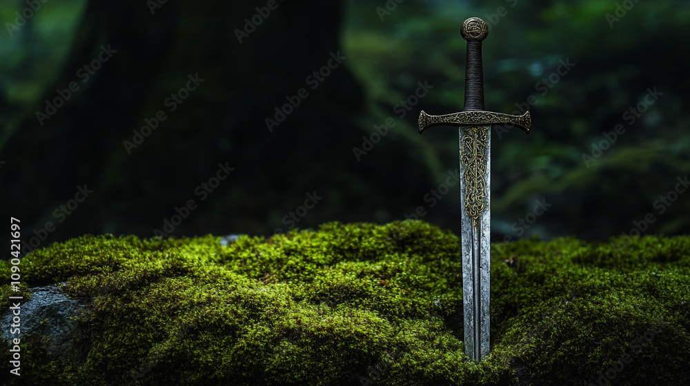 Poster sword embedded in vibrant green moss within a mystical forest setting at dusk