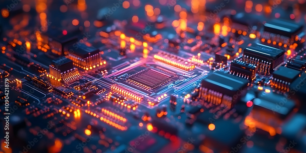 Poster a close up of a circuit board with many electronic components. 