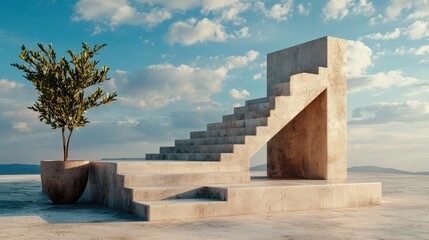 Fototapeta premium A modern, abstract staircase structure with a tree, set against a scenic sky, blending nature with minimalist design.