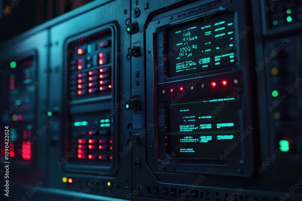 Poster a close-up view of control panels with glowing lights and screens in a tech environment.