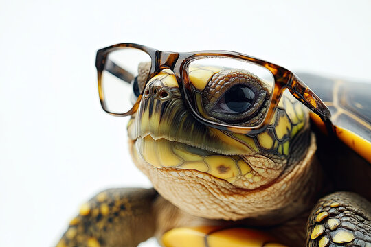 Cute turtle with glasses on white background