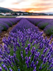 Fototapeta premium Vibrant lavender field at sunset