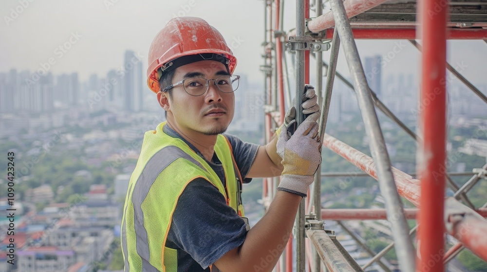 Poster A scaffold erector in a high-visibility vest and hard hat, adjusting a scaffolding joint and looking into the camera, with multiple levels of scaffolding and a city skyline behind
