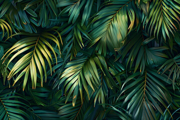 Fototapeta premium Rich green palm leaves creating a textured, tropical backdrop with natural depth.