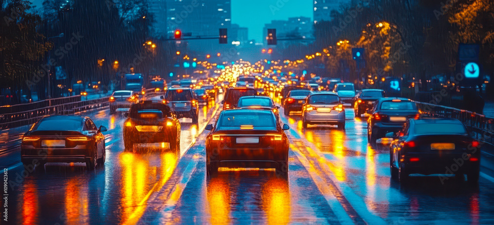 Poster futuristic ai-driven traffic system optimizing urban flow in real-time during rainy evening