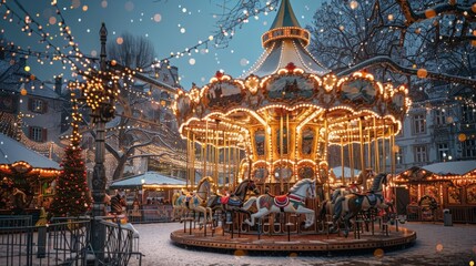 Naklejka premium A beautifully lit carousel in a festive winter market scene.