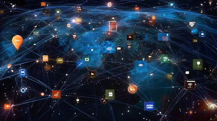 Obraz premium Global Network of Connected Devices: A Visual Representation of the Internet of Things (IoT) and Interconnected Systems