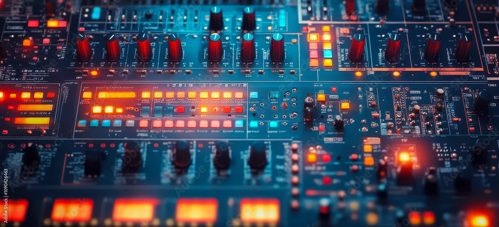 Poster digital control panel with illuminated switches and dials in electronic technology setup
