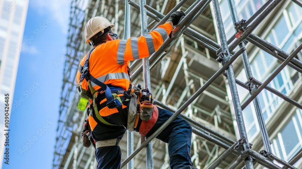 Poster A scaffolder in high-visibility clothing and a safety harness adjusting a metal scaffold frame, with layers of scaffolding and a building façade in the background, Scaffolding setup scene