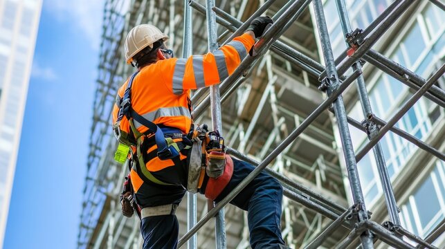A scaffolder in high-visibility clothing and a safety harness adjusting a metal scaffold frame, with layers of scaffolding and a building fa&ccedil;ade in the background, Scaffolding setup scene