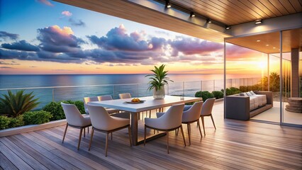 Obraz premium Modern Sea View Dining Terrace - Contemporary Outdoor Decor