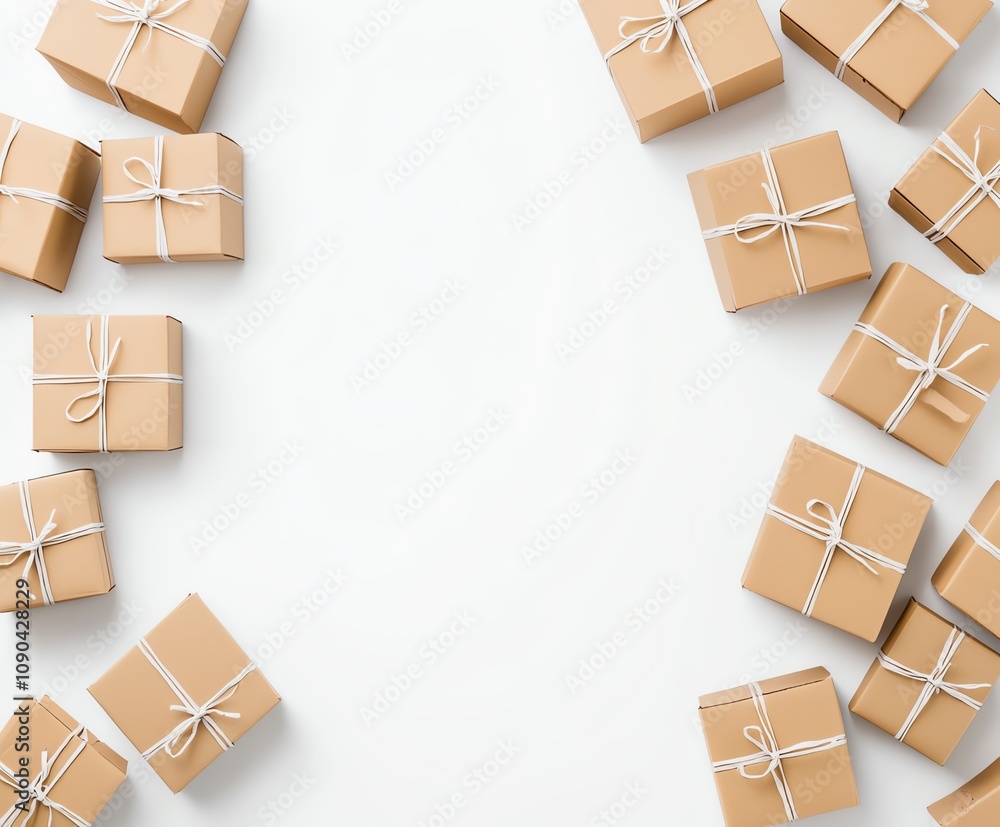 Poster minimalist image of brown paper gift boxes neatly arranged around the frame on a white background, c