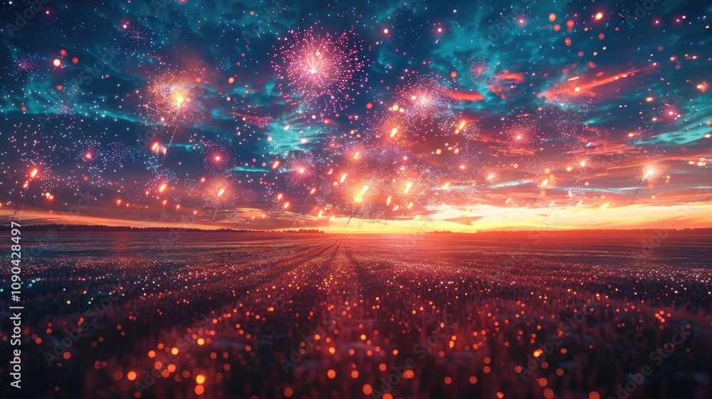 Poster a beautiful field with vibrant colors and fireworks exploding in the night sky.