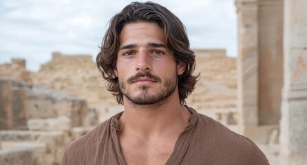 portrait of a handsome man with long wavy hair and a beard