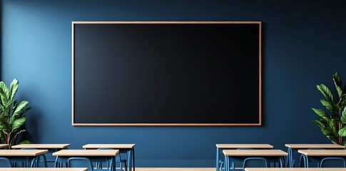 Modern classroom interior with dark blue walls and a large blank chalkboard. Rows of wooden desks and green plants create an inviting learning space. Ideal for educational themes.