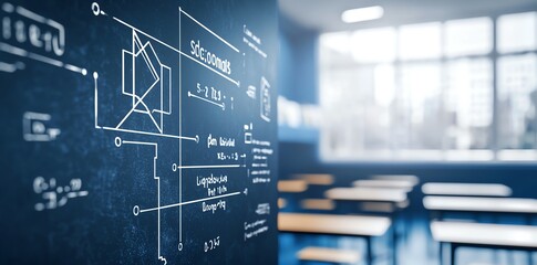 Modern classroom with empty desks and a chalkboard displaying diagrams. Sunlight filters through large windows, creating a serene learning atmosphere.