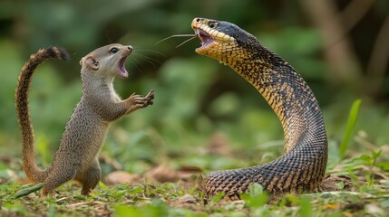 Fototapeta premium A small squirrel stands on its hind legs and faces off against a large cobra, its mouth open in a silent scream. The cobra has its hood raised and fangs bared, ready to strike. The image is taken in a