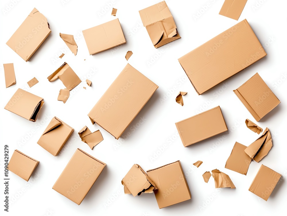 Poster multiple cardboard boxes in various stages of being opened, scattered across a clean white surface. 