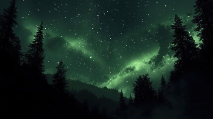 Naklejka premium A starry sky illuminates a forest with an aurora borealis.